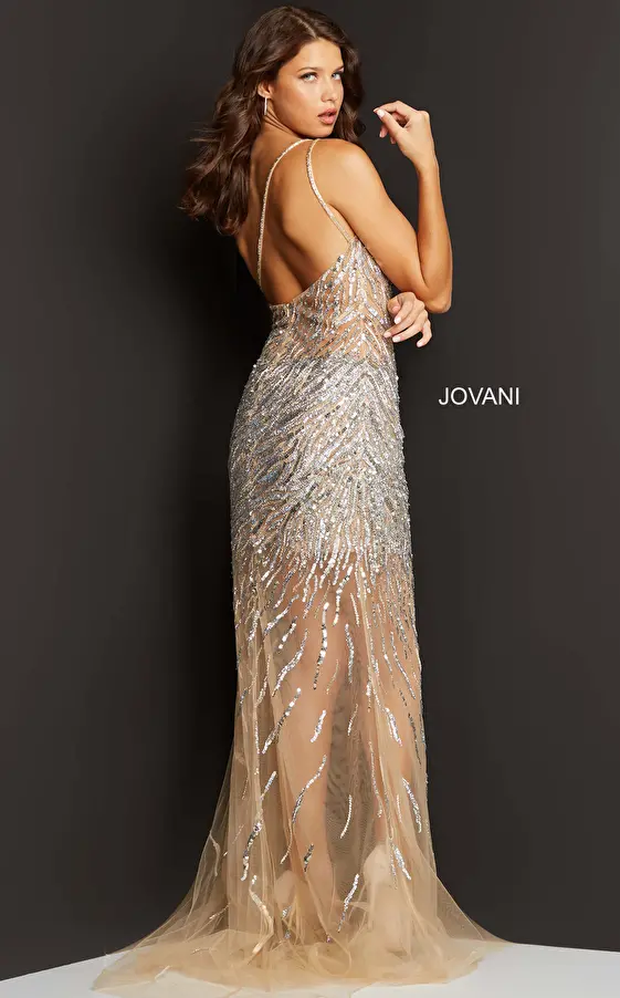 Jovani 07185 Silver Nude Fully Embellished One Shoulder Prom Dress